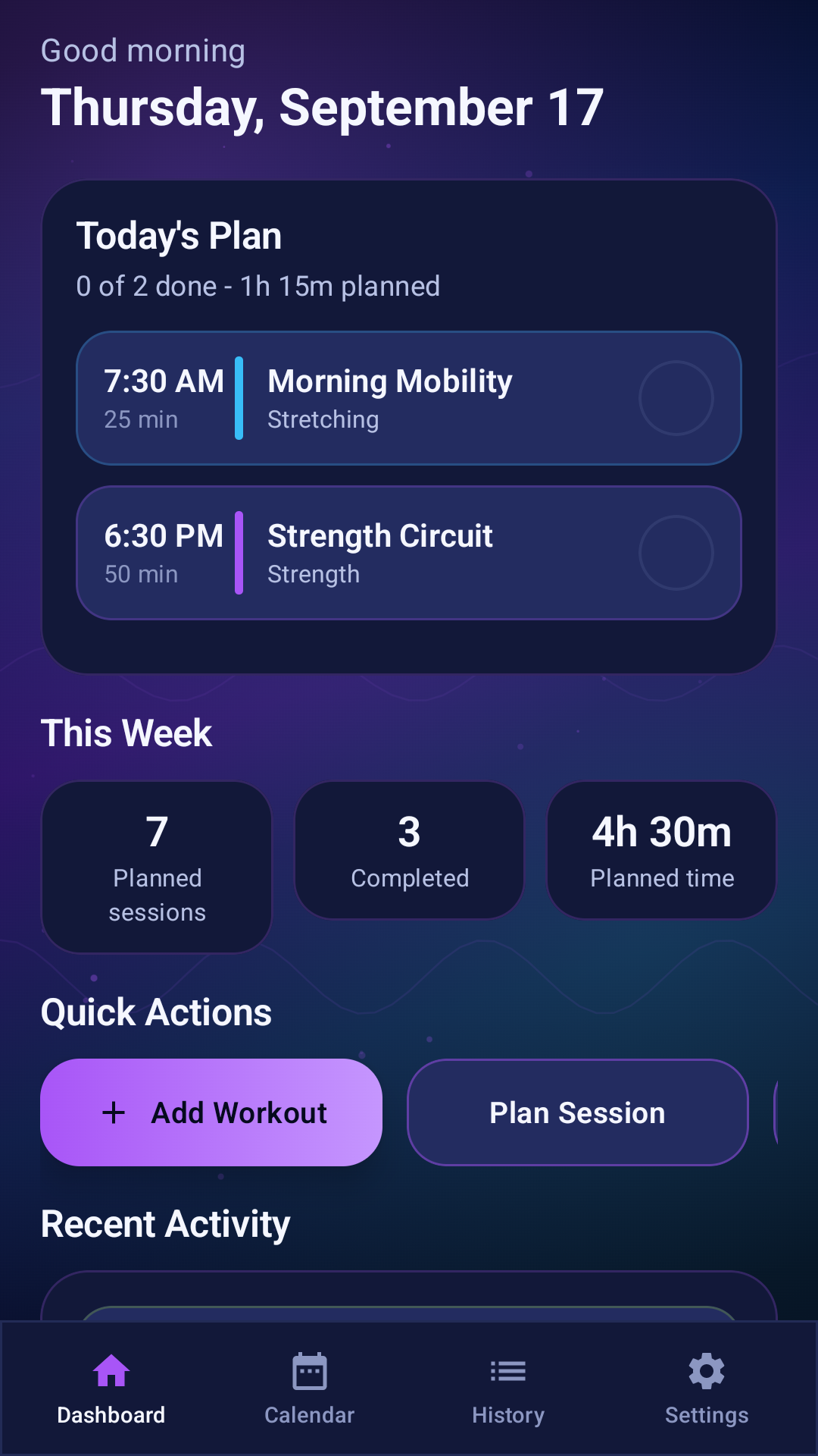 Fitness Flow Planner dashboard screen