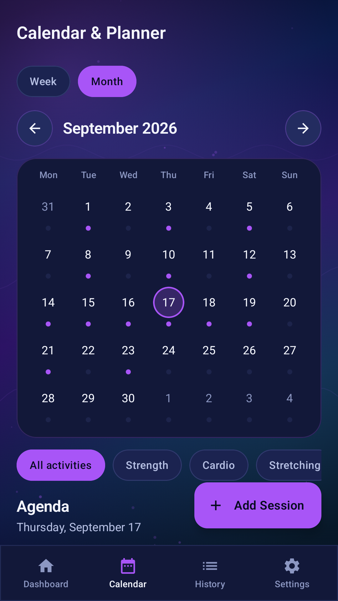 Fitness Flow Planner month planner screen