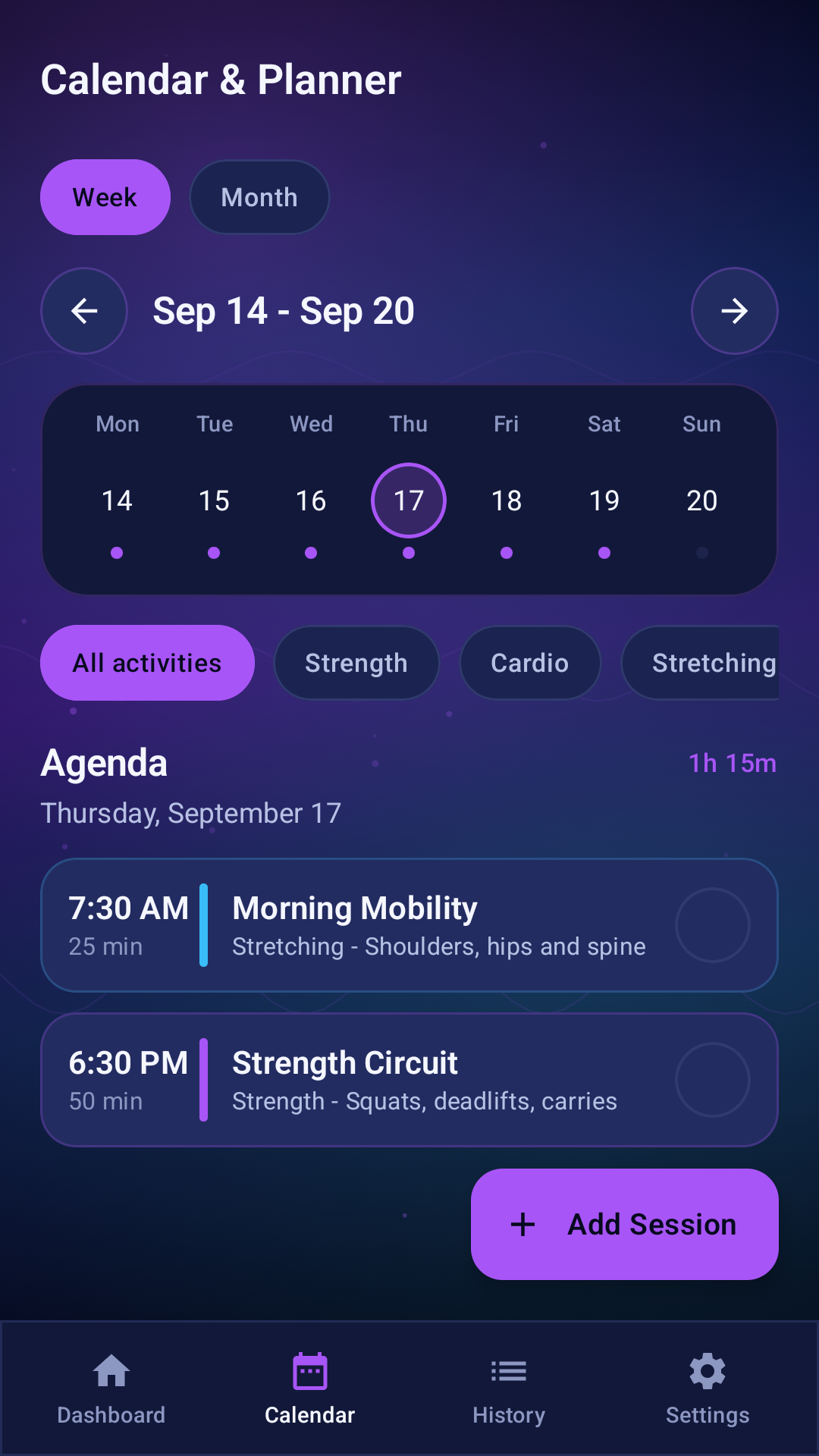 Fitness Flow Planner week agenda screen